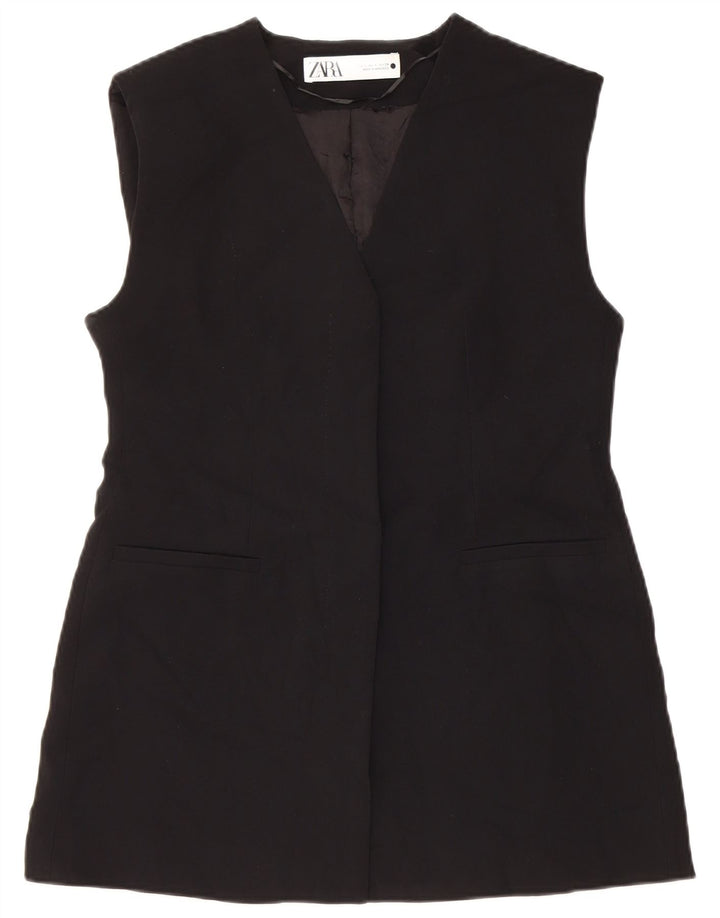 Zara Mujer Chaleco Largo UK 40 Pequeño Poliéster Negro
