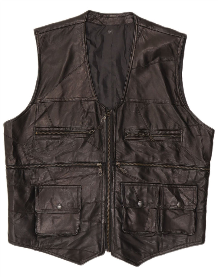 Vintage hombres cuero utilidad Gilet Reino Unido 38 medio negro patchwork