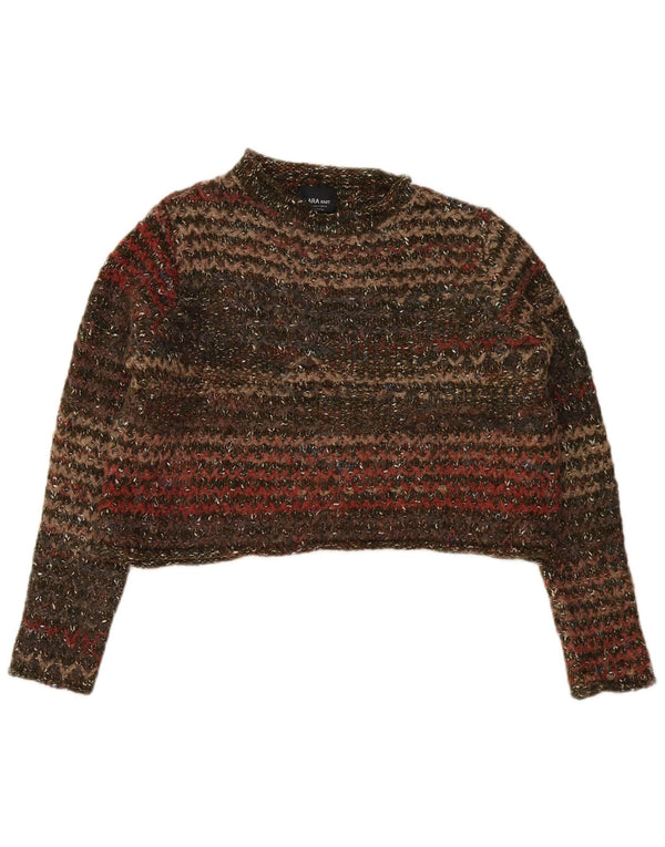 Zara Mujer Crop Crew Neck Jumper Sweater UK 10 Small Caqui Rayas