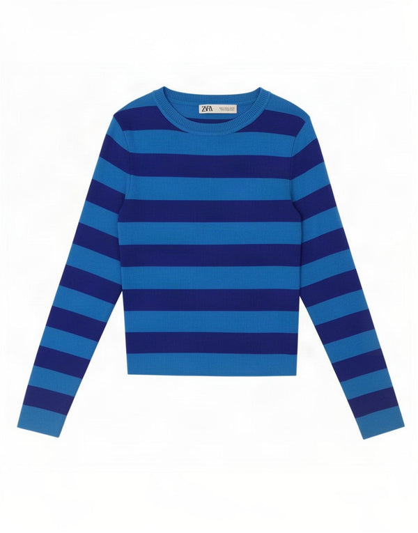 Zara Mujer Crop Top Manga Larga UK 10 Small Azul Rayas Viscosa
