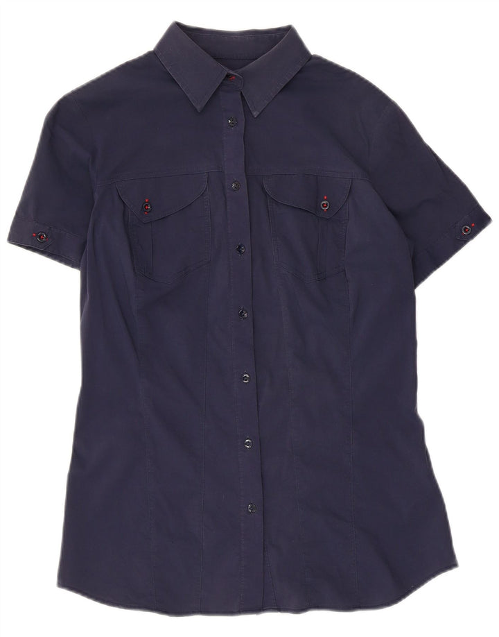 TRUSSARDI JEANS Camisa de manga corta para mujer UK 40 Medium Azul marino Algodón