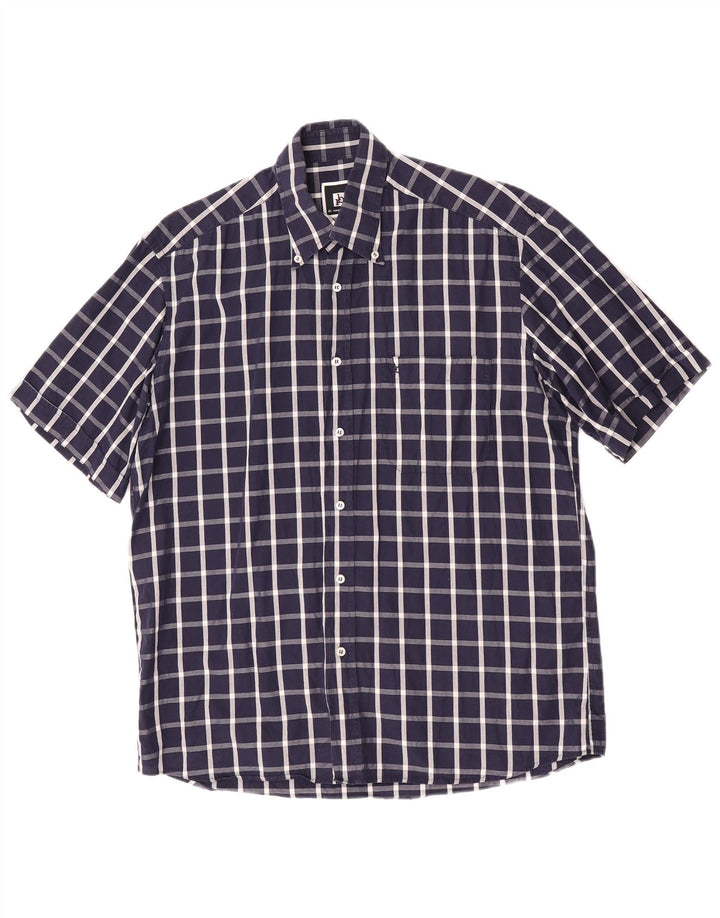 Roccobarocco Camisa de manga corta para hombre Talla 39 15 1/2 Mediana Azul marino Cuadros