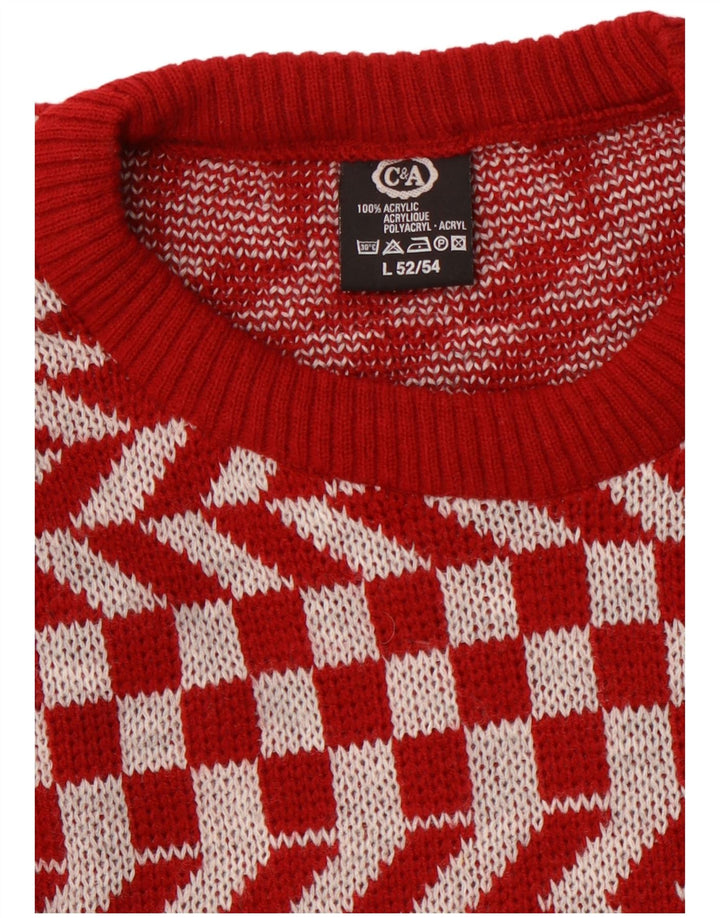 C & A - Jersey de cuello redondo para hombre, acrílico geométrico rojo grande