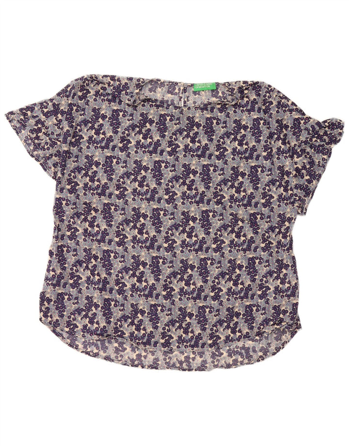 BENETTON Blusa para Mujer Top UK 44 Algodón Floral Azul Medio