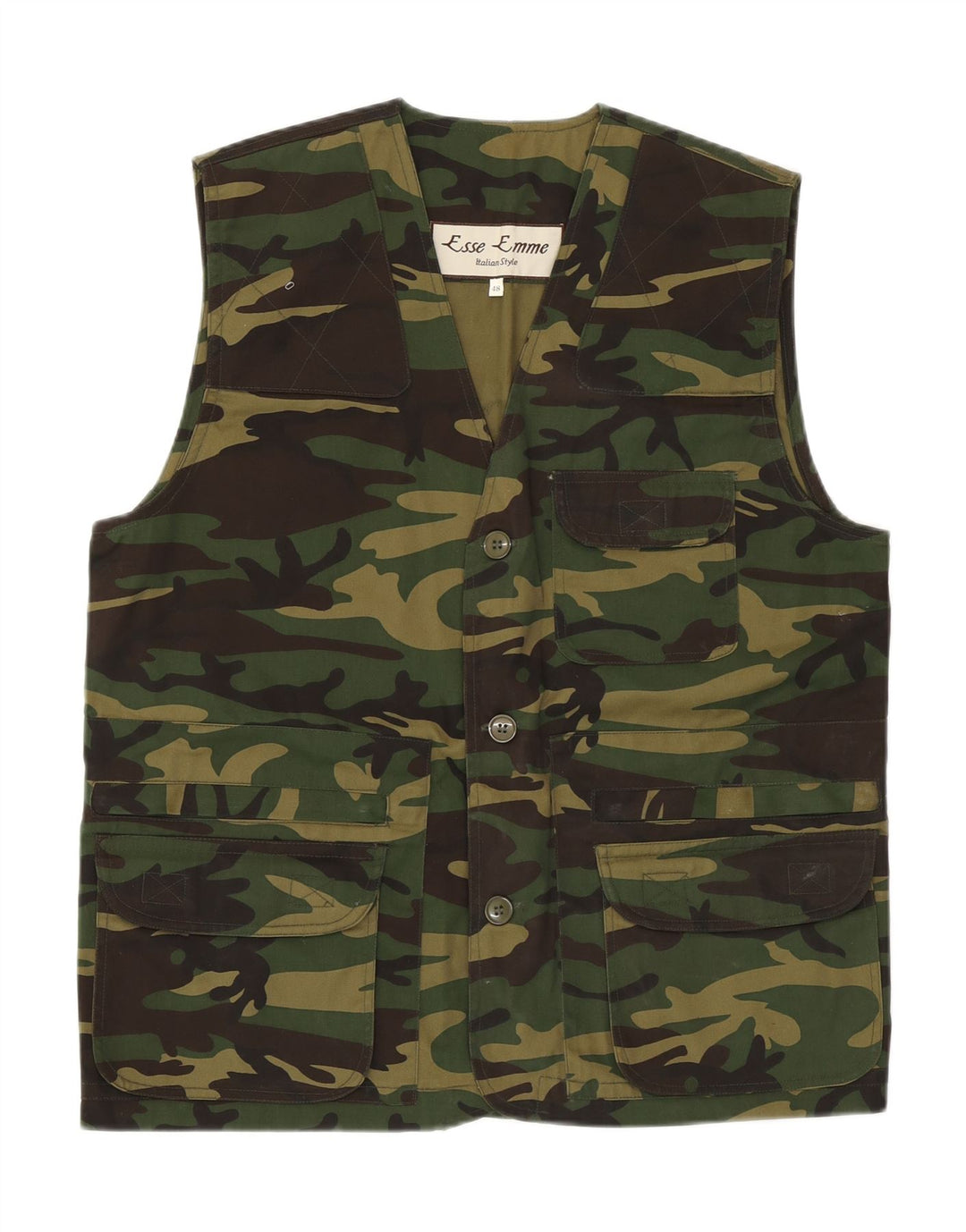 Vintage hombres utilitario gilet IT 48 ejército de poliéster de camuflaje verde medio