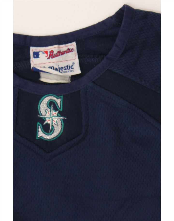 MAJESTIC Womens Seattle Mariners Top Long Sleeve UK 12 Medium Navy Blue Vintage Majestic and Second-Hand Majestic from Messina Hembry 