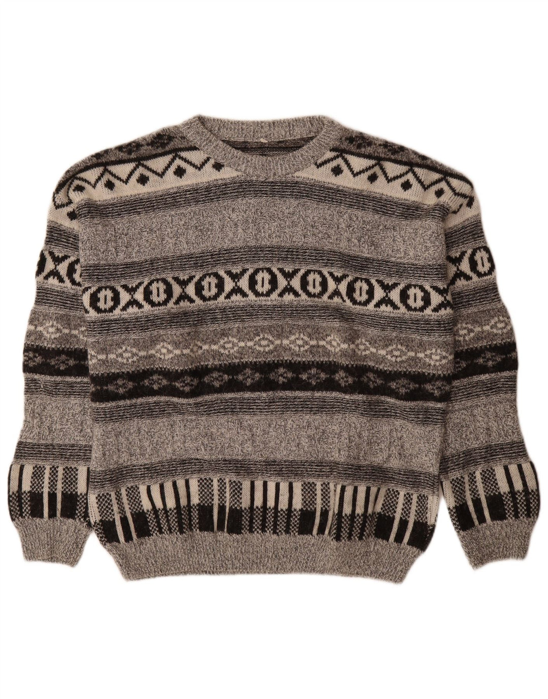 Vintage hombres cuello redondo jersey suéter gris medio lana geométrica