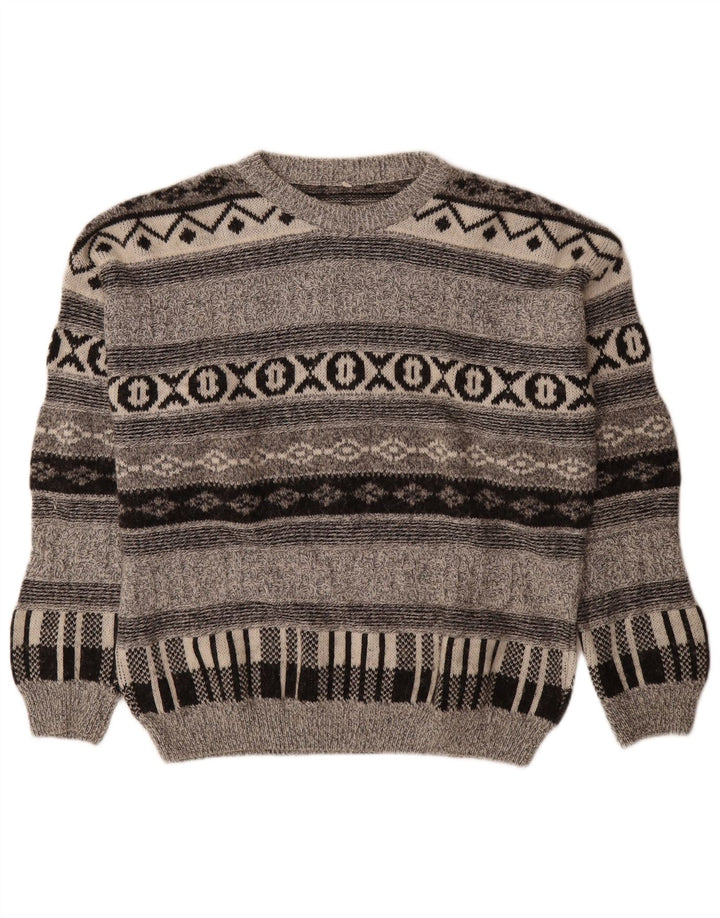 Vintage hombres cuello redondo jersey suéter gris medio lana geométrica