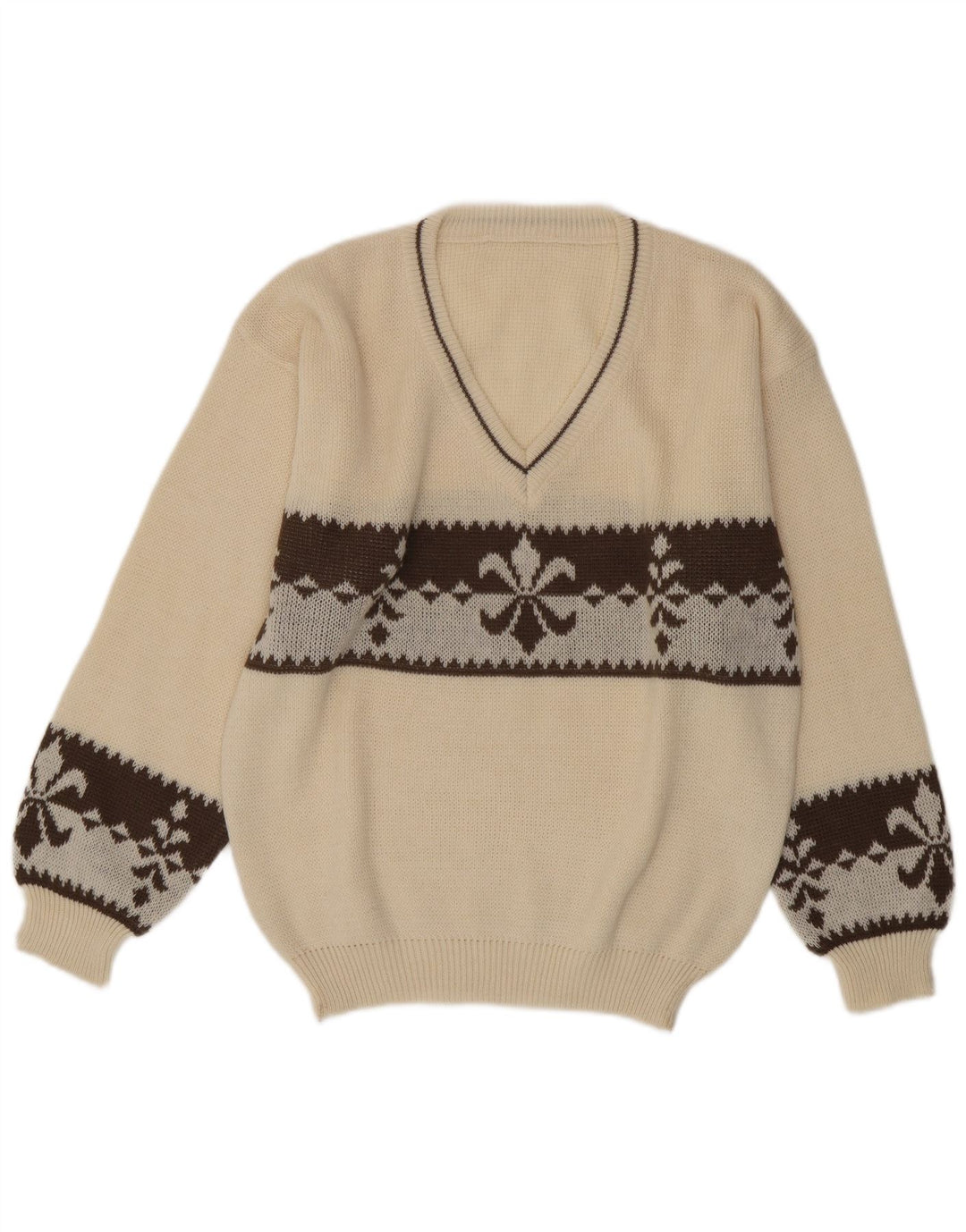 Vintage hombres V-cuello jumper suéter grande blanco Fair Isle lana