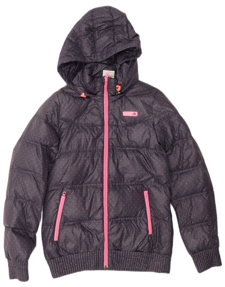 Adidas Chaqueta acolchada con capucha para mujer UK 12 Mediana Azul marino Spotted Poliéster