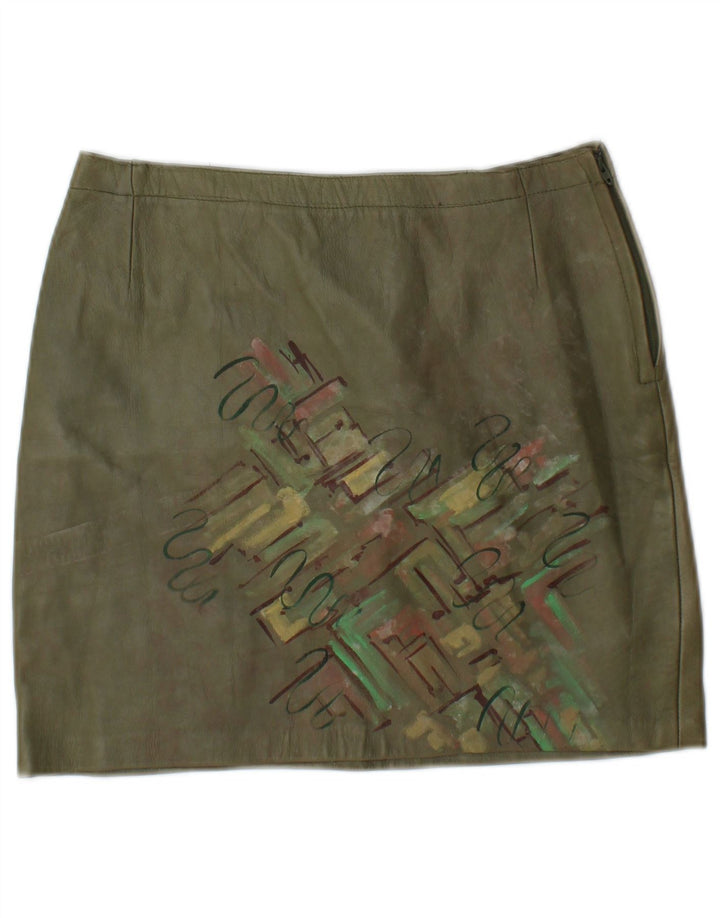 Vintage Mujer Gráfico Mini Falda De Cuero W26 Pequeño Caqui