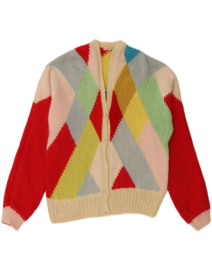 VINTAGE Mujer Cardigan Suéter Reino Unido 14 Grande Multicolor Argyle/Diamante