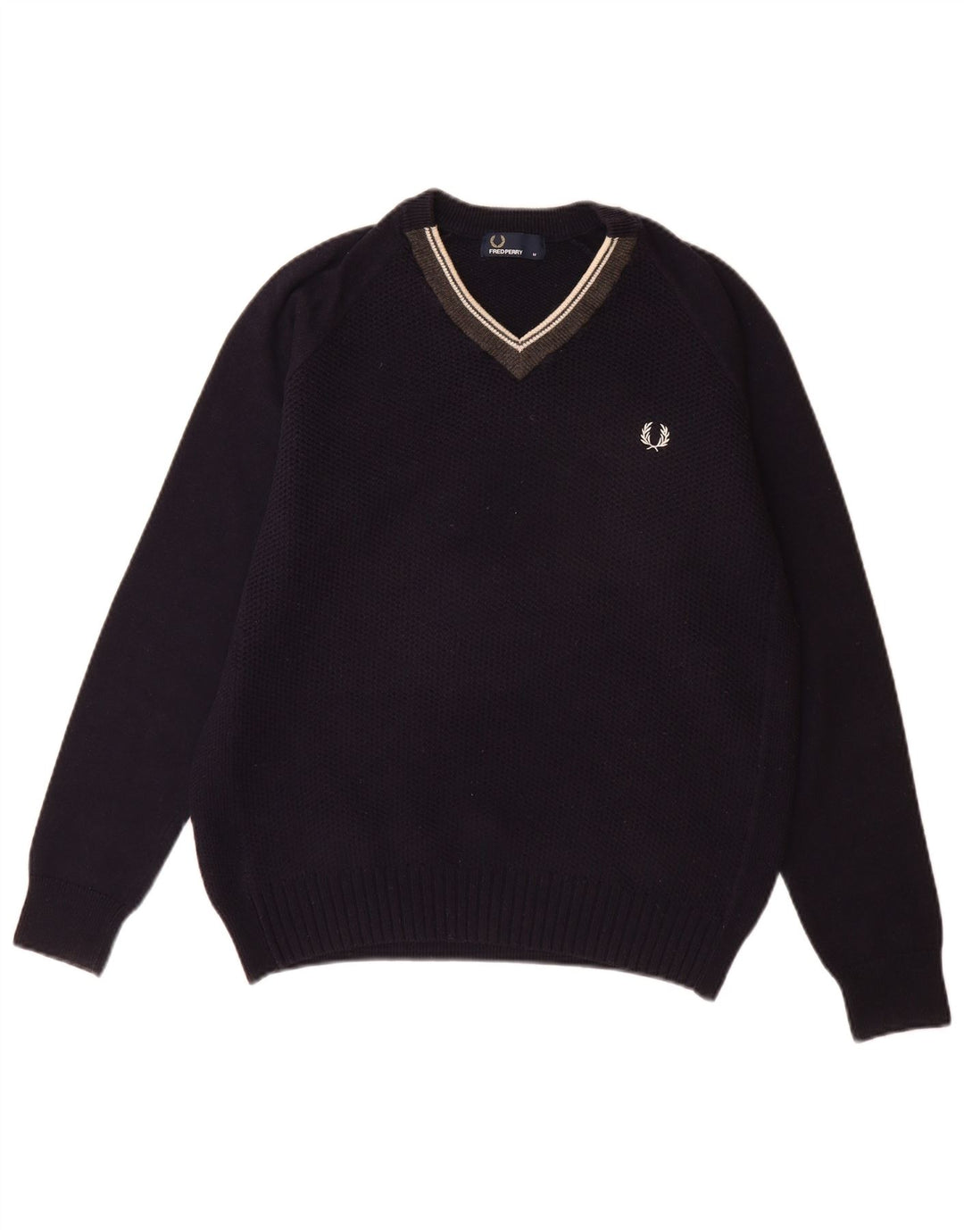 FRED PERRY Jersey con cuello en V para hombre de lana azul marino medio