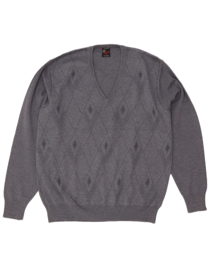 Vintage hombres V-cuello jumper suéter gris medio Argyle/lana de diamante
