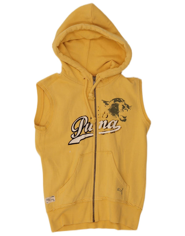 Puma Mujer Gráfico Sin Mangas Zip Sudadera con Capucha Suéter UK 8 Pequeño Algodón Amarillo
