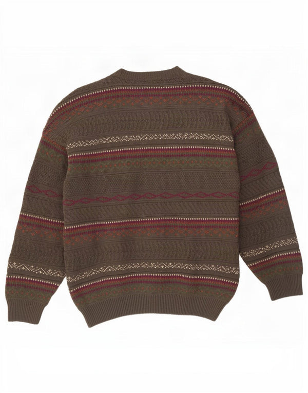 Vintage hombres cuello redondo jersey suéter XL marrón Fair Isle acrílico