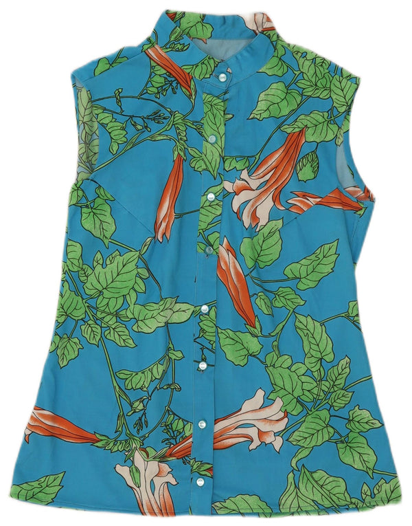 Blusa camisera sin mangas vintage para mujer UK 46 Azul grande Floral
