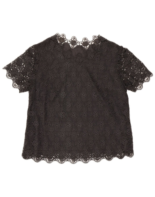 Vintage mujer blusa Top Reino Unido 14 grande negro floral