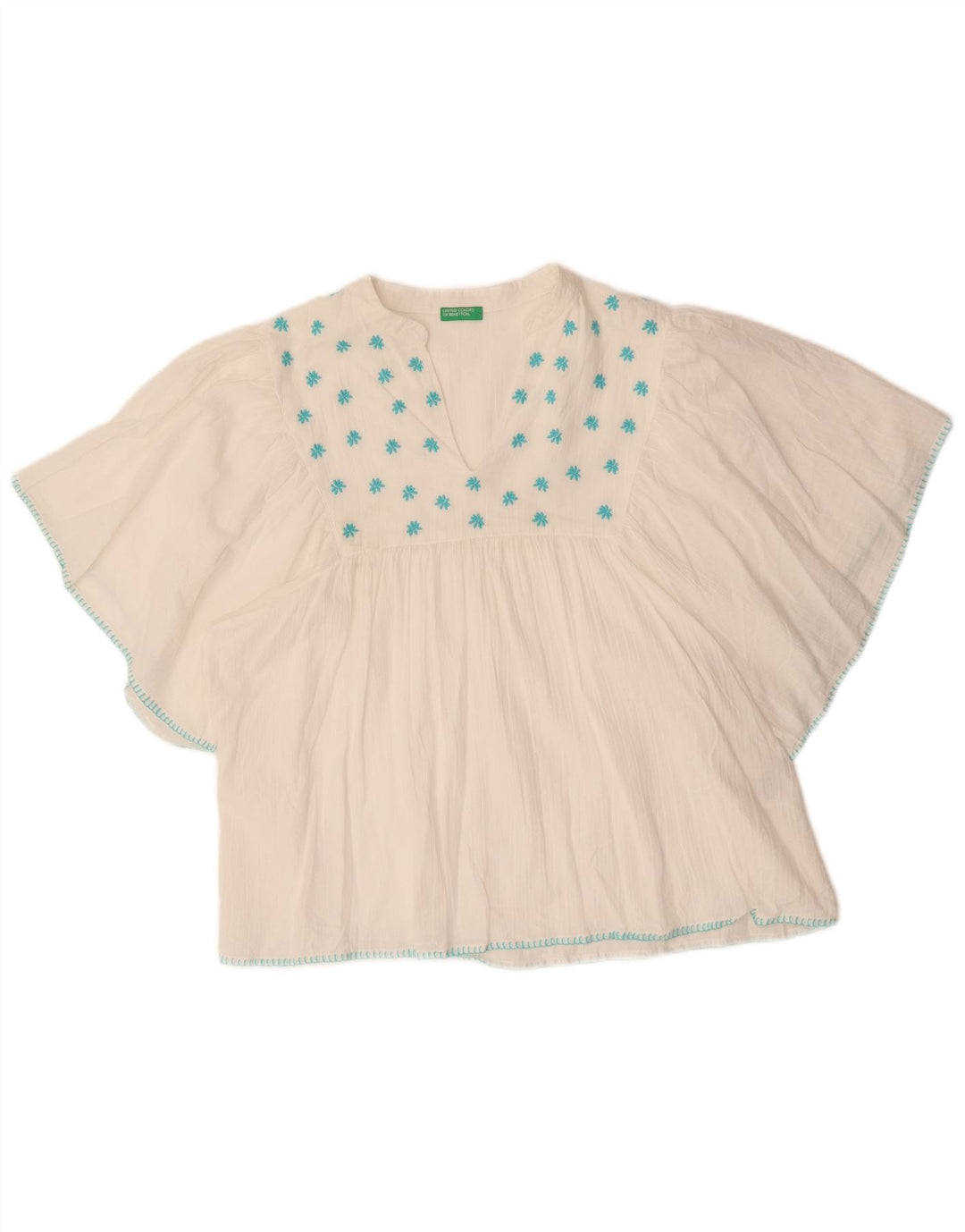 Benetton Blusa De Ala De Murciélago Para Mujer UK 44 Mediano Algodón Floral Blanco