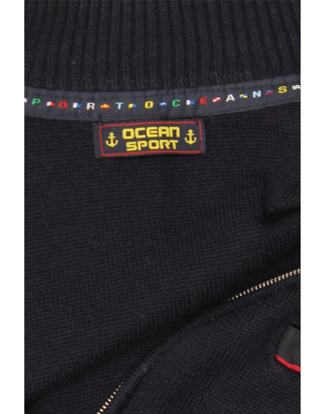 Vintage hombres completo zip cardigan suéter medio azul marino