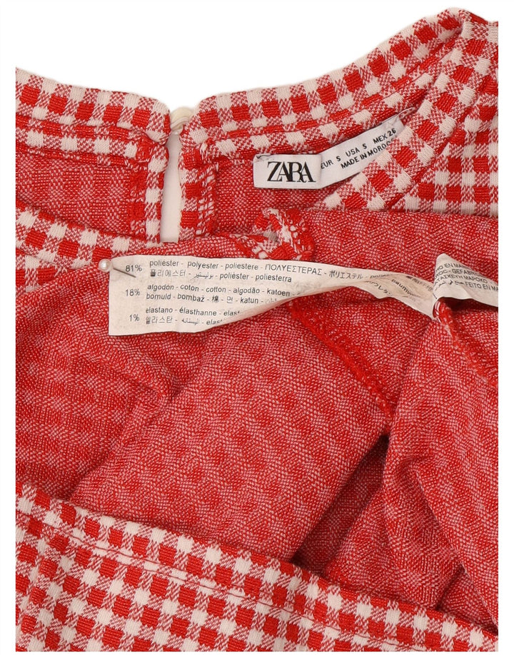 Zara Mujer Vestido Acampanado UK 8 Pequeño Poliéster Vichy Rojo