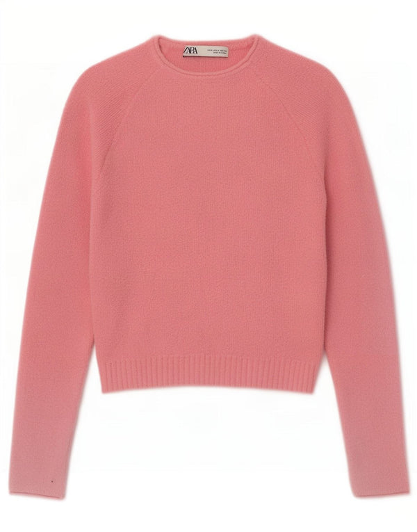 Zara Mujer Crop Crew Neck Jumper Sweater UK 8 Small Pink Nylon
