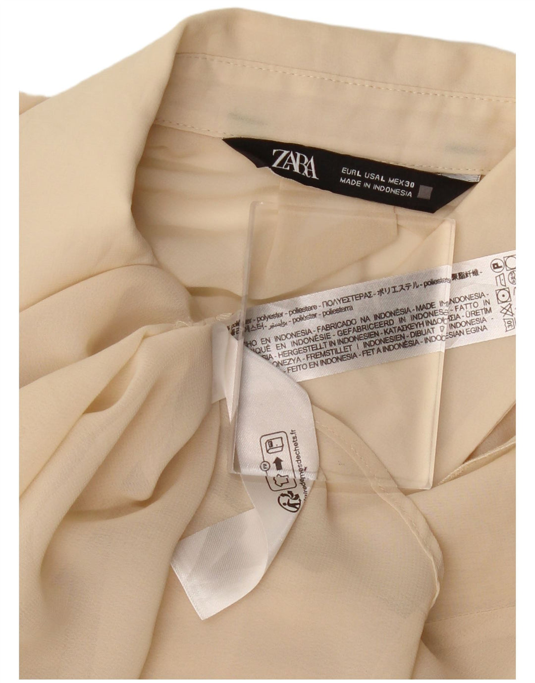 ZARA Blusa camisera con volante en la parte delantera para mujer UK 44 Grande Poliéster beige