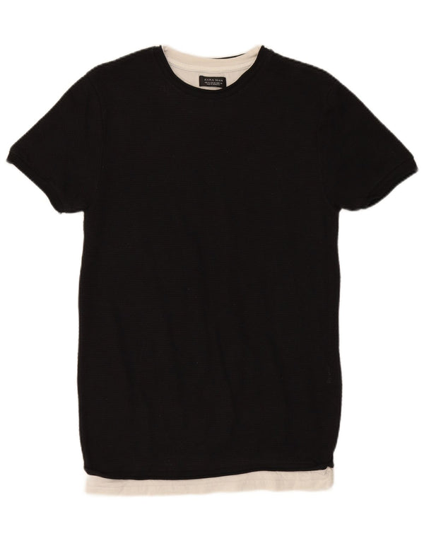 ZARA Hombre Camiseta Top Medium Negro Algodón