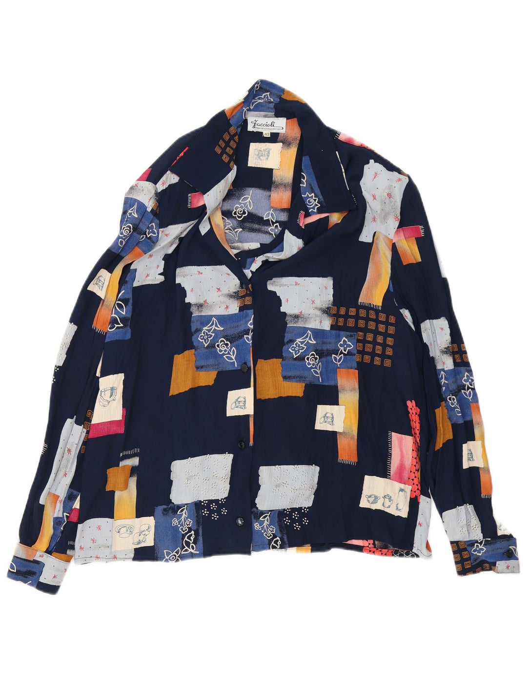 Vintage mujer suelta camisa blusa IT 42 medio azul marino patchwork