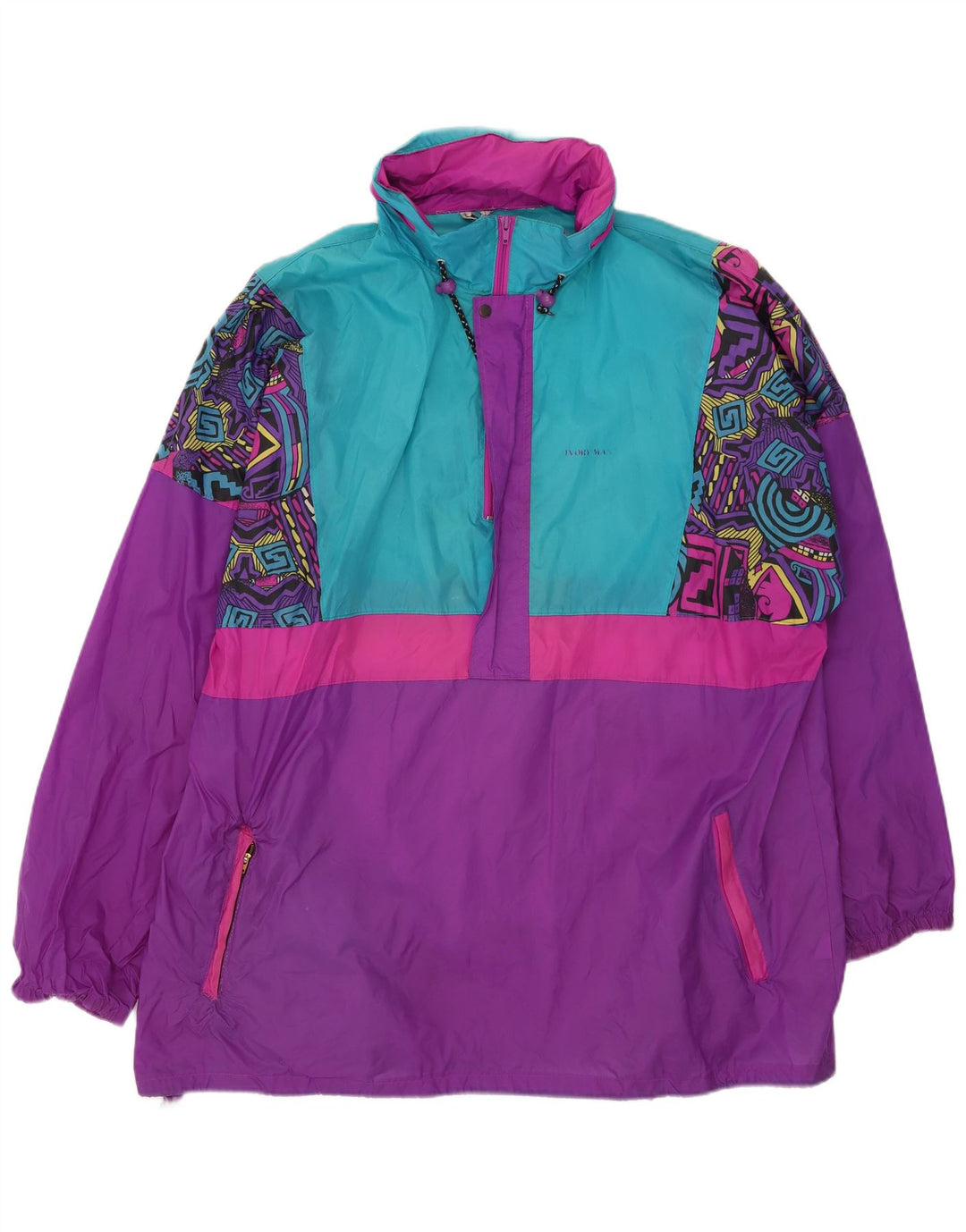Vintage hombres pullover chaqueta de lluvia Reino Unido 44 2XL púrpura colorblock poliamida
