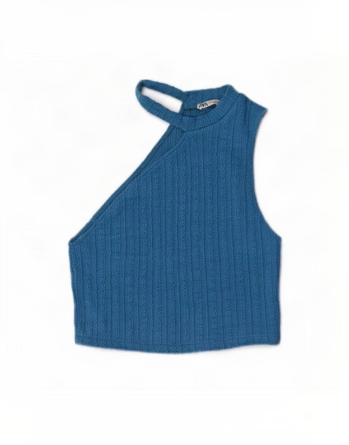 Zara Mujer Top Corto De Punto Con Hombros Descubiertos Reino Unido 42 Azul Medio