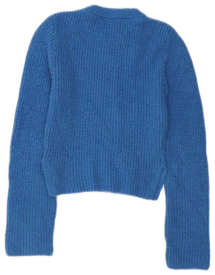 Zara - Jersey corto con cuello redondo para mujer, talla 40, poliéster azul medio