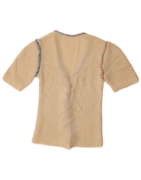 Vintage mujer manga corta Cardigan suéter Reino Unido 4 XS blanco apagado