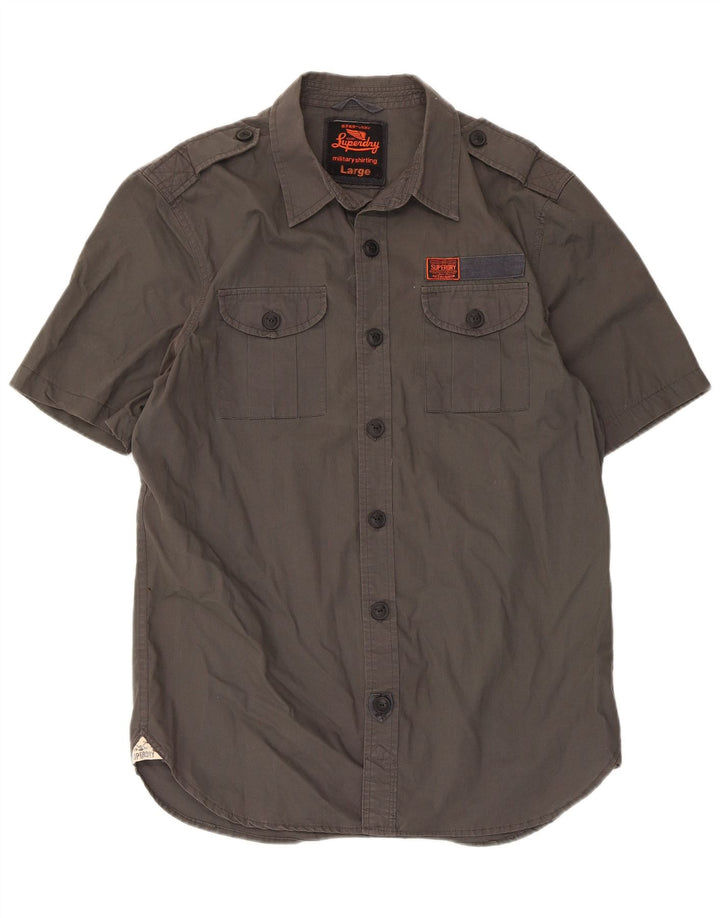 Superdry Camisa militar de manga corta para hombre de algodón gris grande
