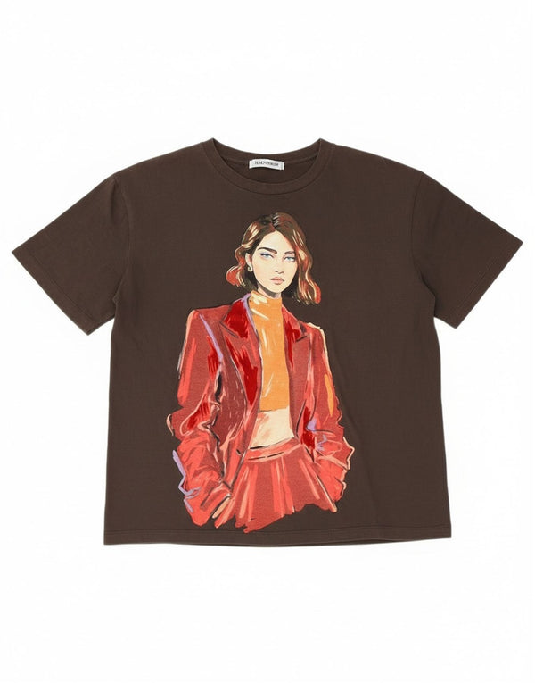Zara Mujer Camiseta Estampada Holgada Top UK 10 Small Marrón
