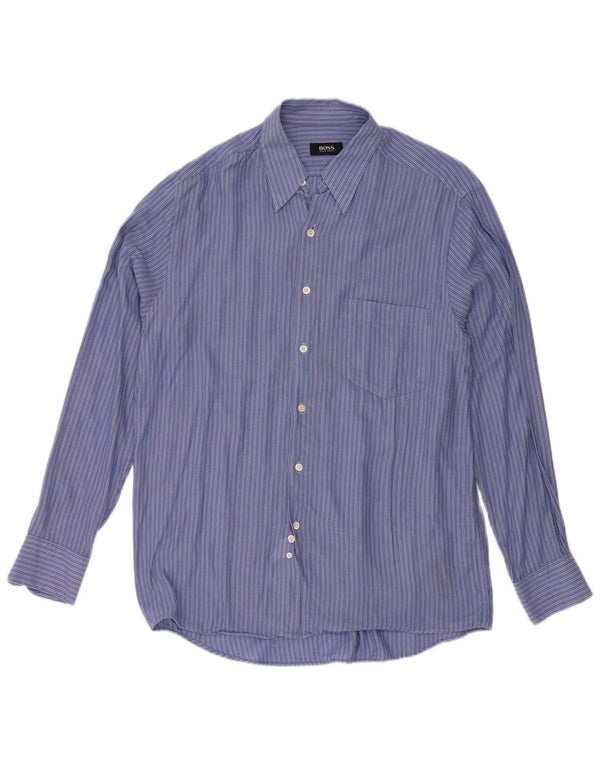 Camisa Hugo Boss Hombre Talla 40 Algodón Rayas Azul Medio Clásica