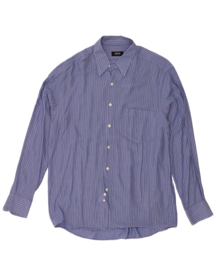 Camisa Hugo Boss Hombre Talla 40 Algodón Rayas Azul Medio Clásica
