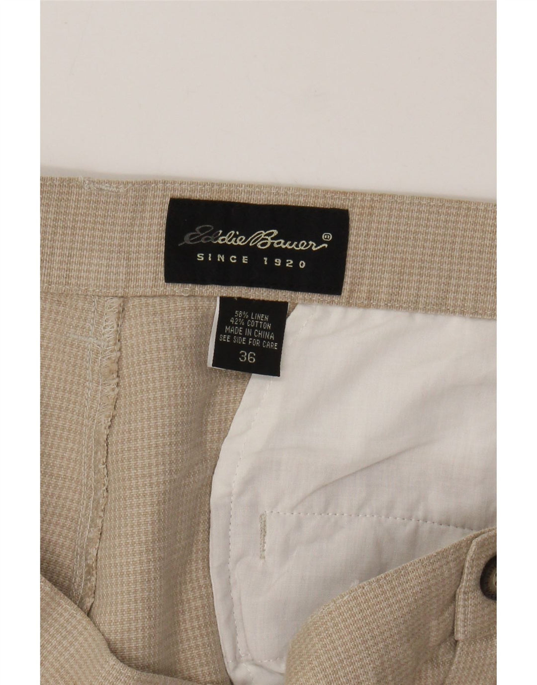EDDIE BAUER Pantalón chino con pinzas para hombre W36 L30 Lino de pata de gallo beige