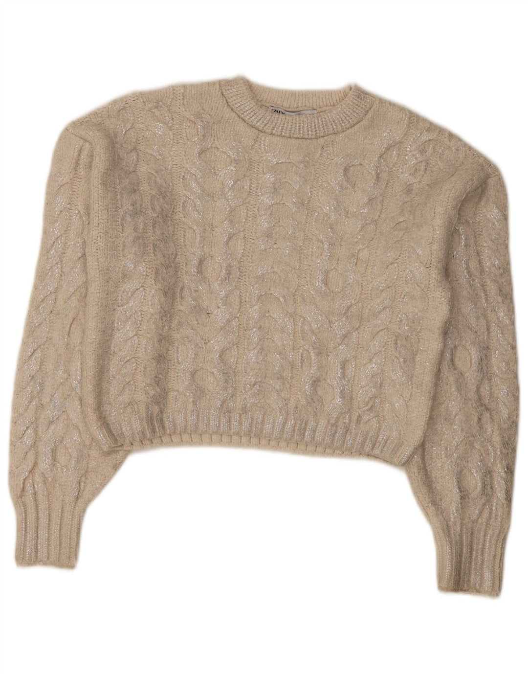 Zara Mujer Crop Crew Neck Jumper Sweater UK 44 Medio Beige