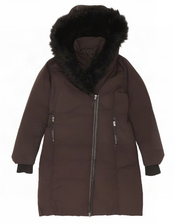 Zara Mujer Abrigo Acolchado Con Capucha UK 44 Medio Negro Poliéster