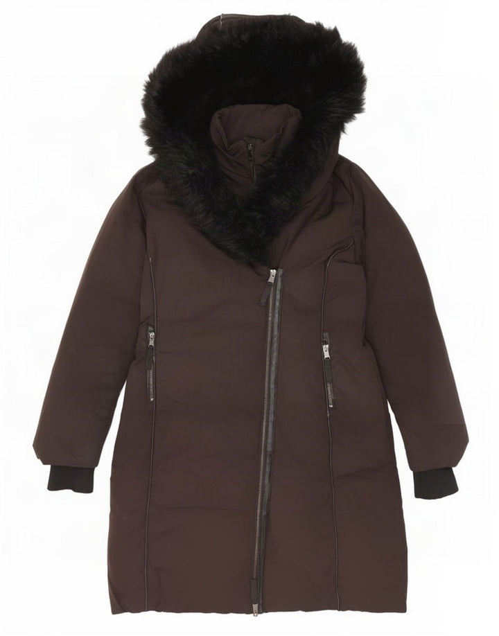 Zara Mujer Abrigo Acolchado Con Capucha UK 44 Medio Negro Poliéster