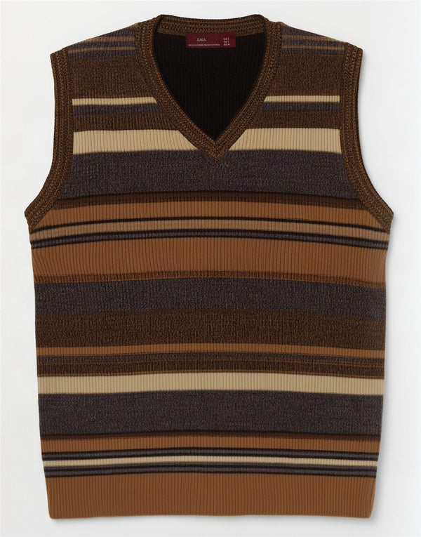 Zara Hombre Chaleco Tank Top Grande Marrón Rayas Acrílico