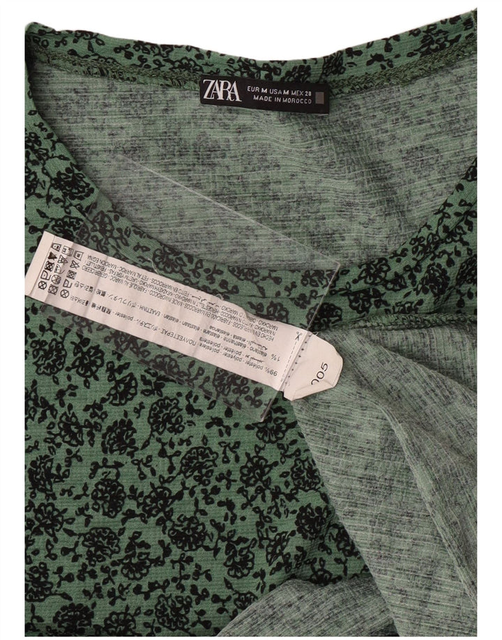 ZARA Mujer Vestido Acampanado ES 44 Poliéster Floral Verde Medio