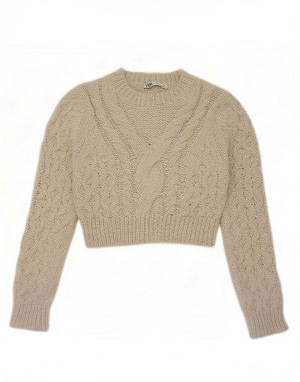 Zara Mujer Crop Crew Neck Jumper Sweater UK 12 Medio Beige Poliéster