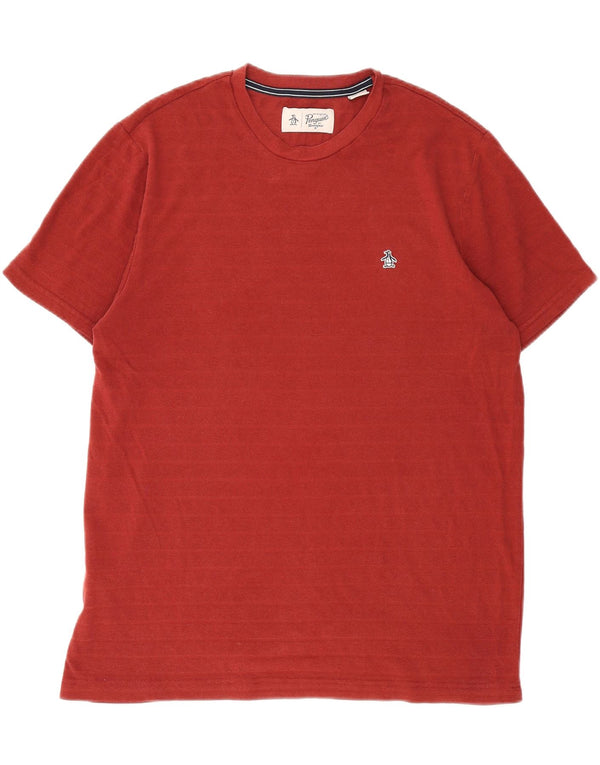 Penguin Mens T-Shirt Top Large Burgundy Pinstripe Cotton