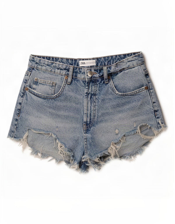 Zara Pantalones cortos de mezclilla de cintura alta para mujer EU 38 Small W28 Algodón azul