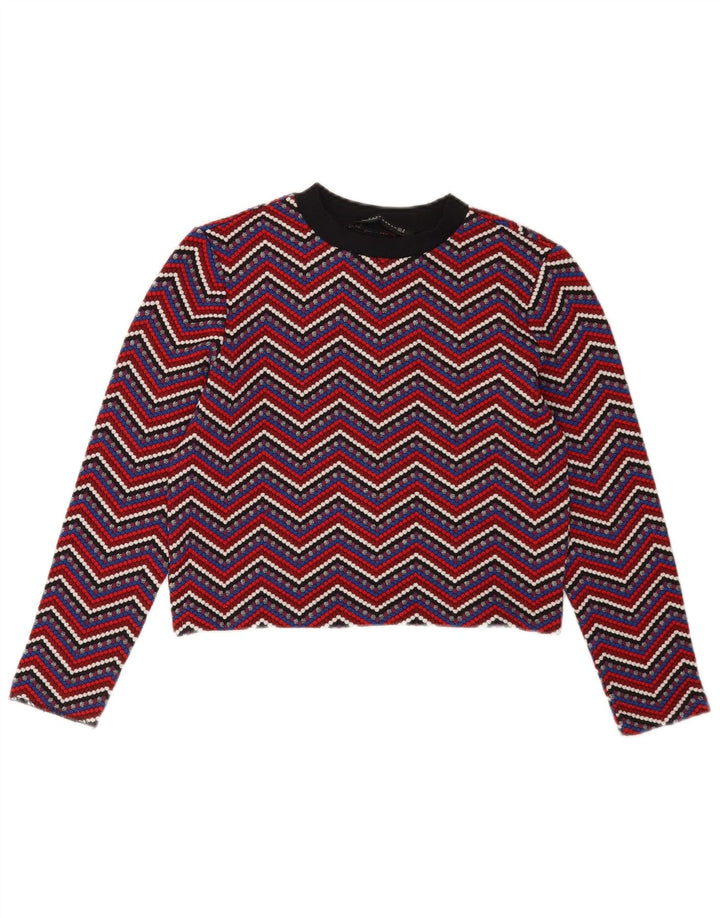 Zara Mujer Crop Top Manga Larga UK 12 Medium Multicolor Chevron