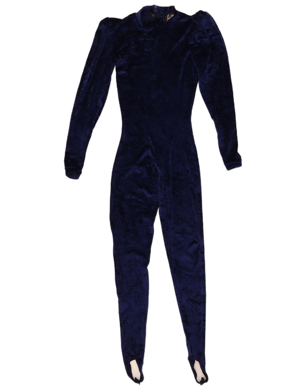 Vintage mujer Velour estribo mono Reino Unido 6 XS azul marino poliamida