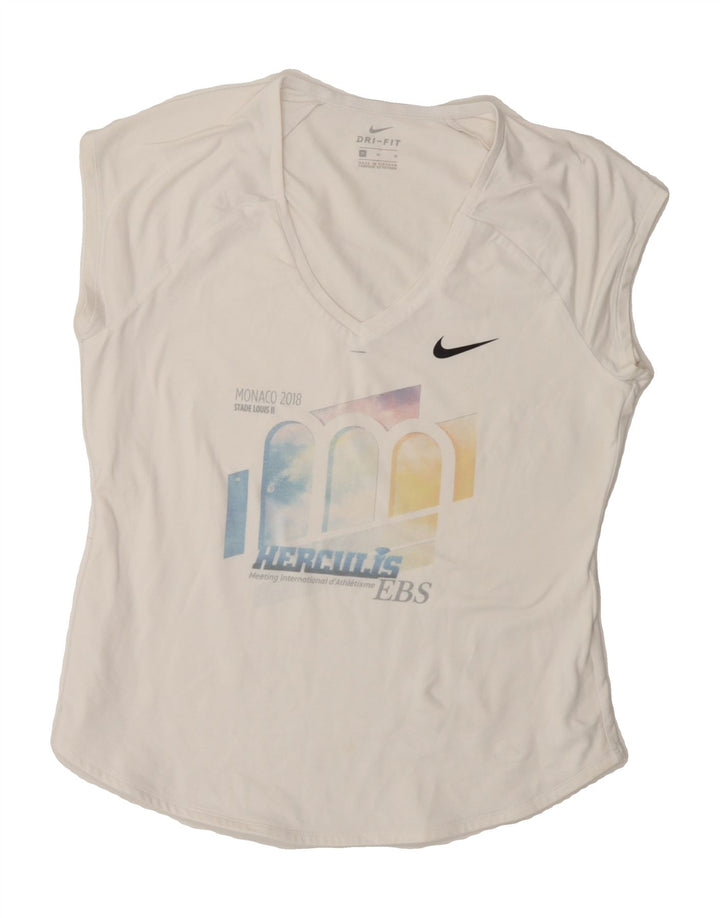NIKE Womens Dri Fit Graphic T-Shirt Top UK 12 Medium White Vintage Nike and Second-Hand Nike from Messina Hembry 