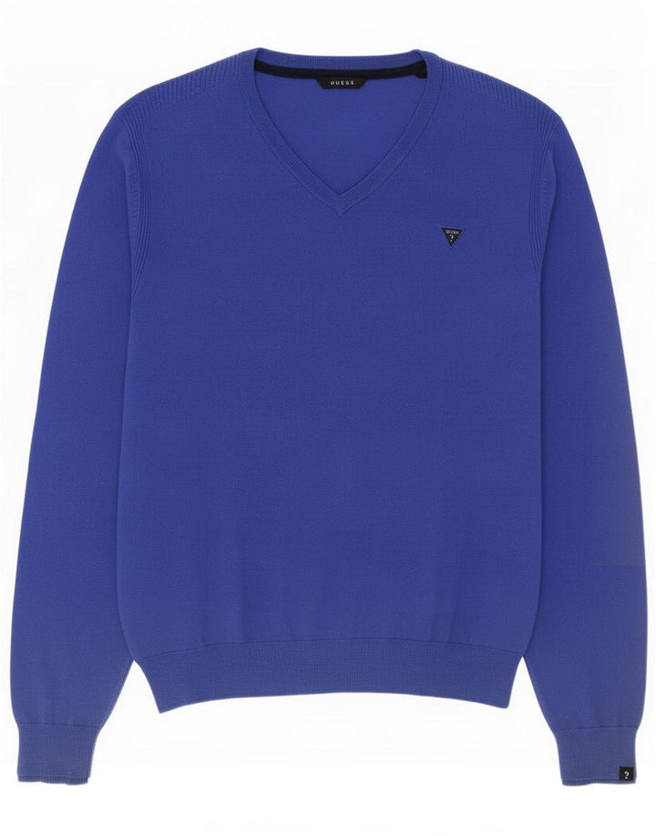 Guess Jersey con cuello en V para hombre de algodón azul medio